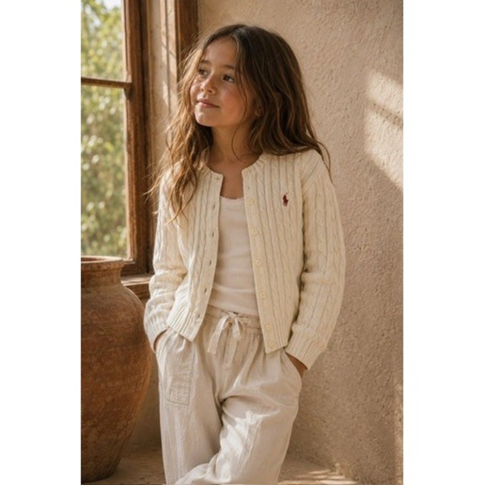 Ralph Lauren Kids XL 16 Cream Cable Knit Cotton Button Front Cardigan Sweater